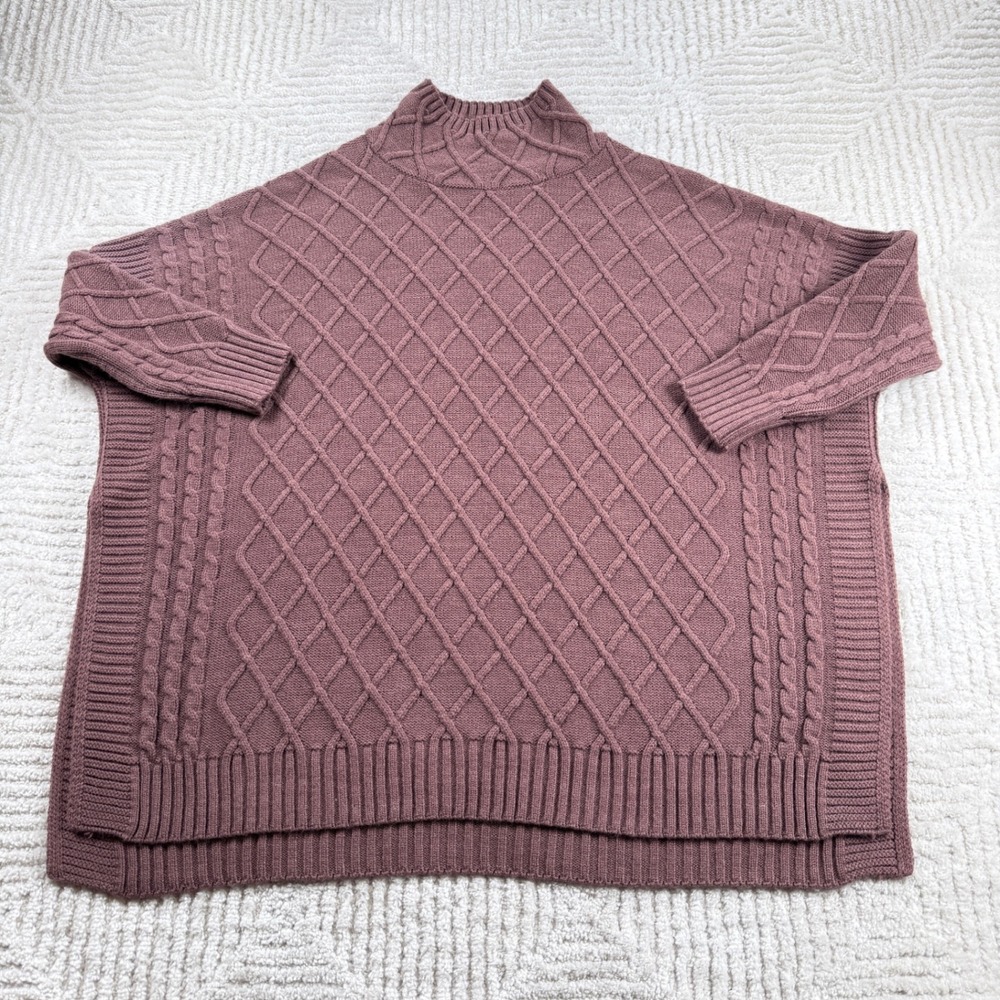 Mer-Sea Mock Neck Cable Knit Sweater Women's OS Mauve Oversized Poncho Boho Girl